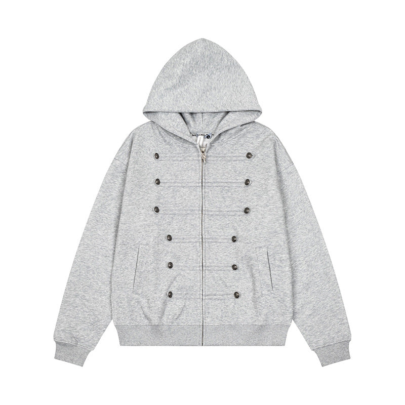 Ladies Hooded Sweat Jacket with decorative Double Button Placket and Zipper Mune Fashion