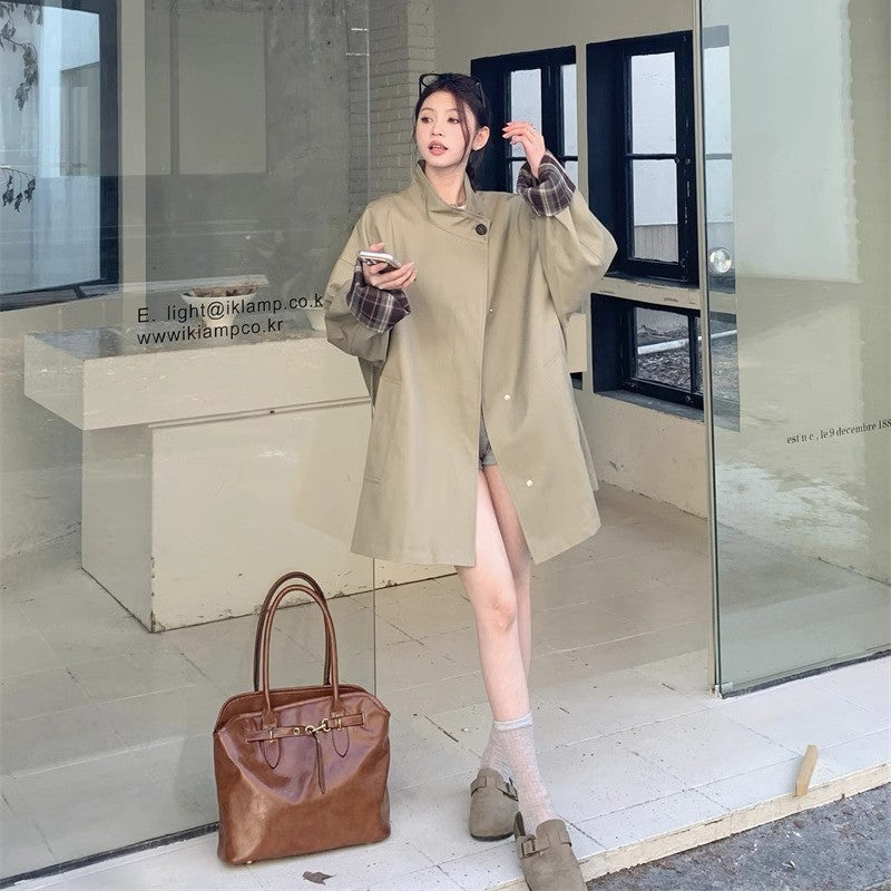 Women Oversized Short Coat with Stand-Up Collar and Checked Sleeve Lining Mune Fashion