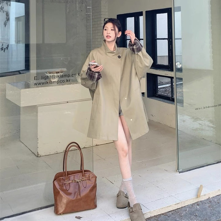 Women Oversized Short Coat with Stand-Up Collar and Checked Sleeve Lining Mune Fashion
