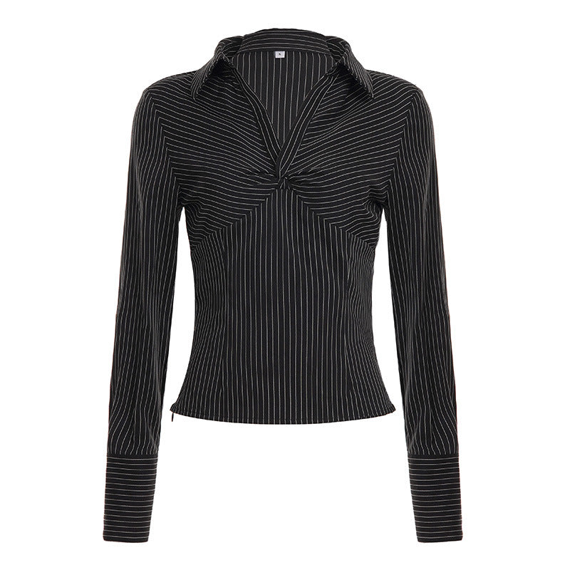 Women's tailored long-sleeve shirt with twist V-neck, shirt collar and pinstripe look Mune Fashion