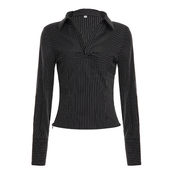 Women's tailored long-sleeve shirt with twist V-neck, shirt collar and pinstripe look Mune Fashion