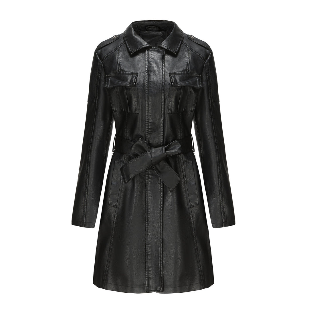 Women's longer faux leather trench coat with belt and shoulder tabs Mune Fashion