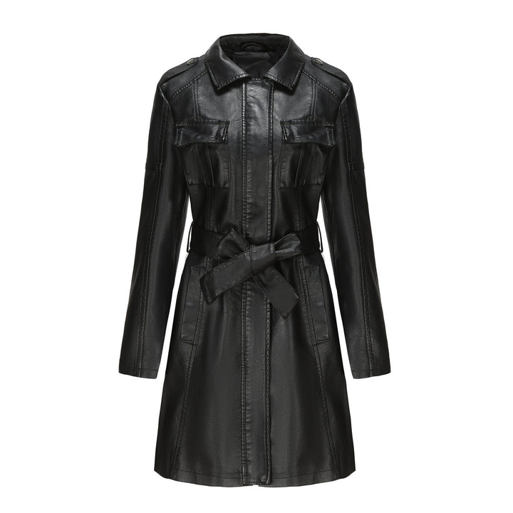 Women's longer faux leather trench coat with belt and shoulder tabs Mune Fashion