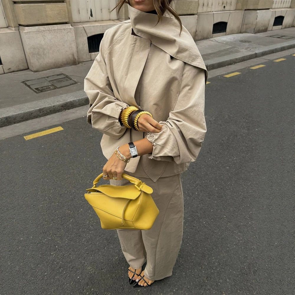 Women's Two-Piece Oversized Pant Suit Set with Asymmetrical Stand Collar Mune Fashion