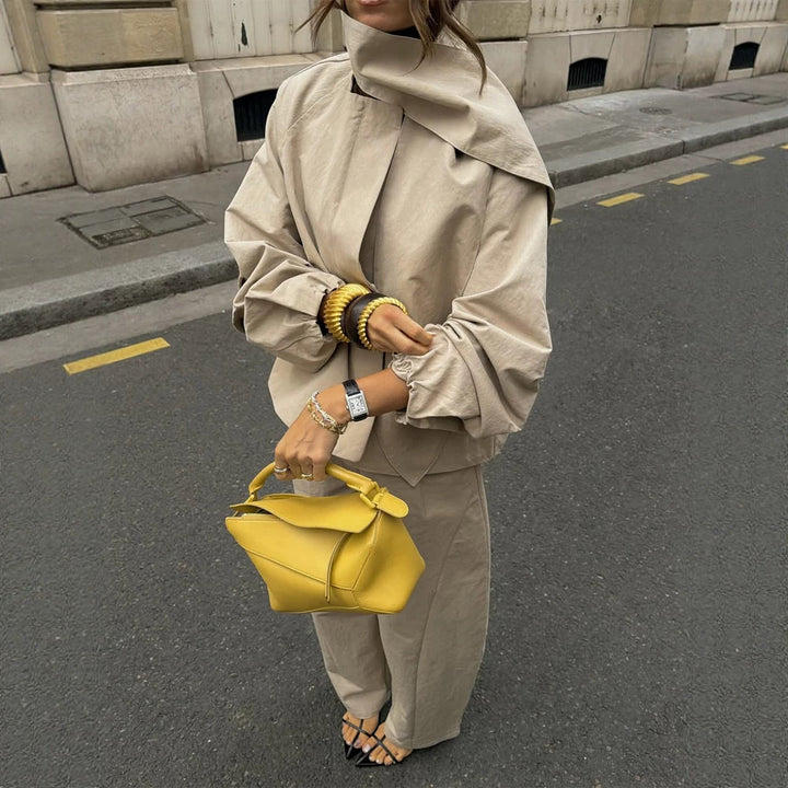 Women's Two-Piece Oversized Pant Suit Set with Asymmetrical Stand Collar Mune Fashion