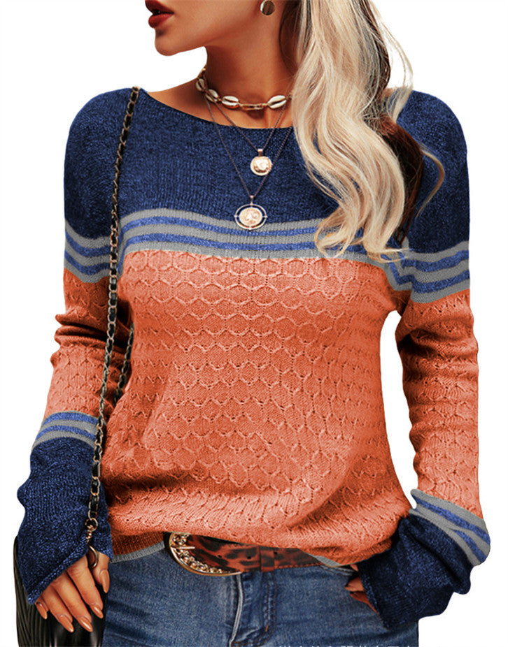 Women’s casual knitted pullover with textured pattern, boat neckline and contrasting cuffs Mune Fashion