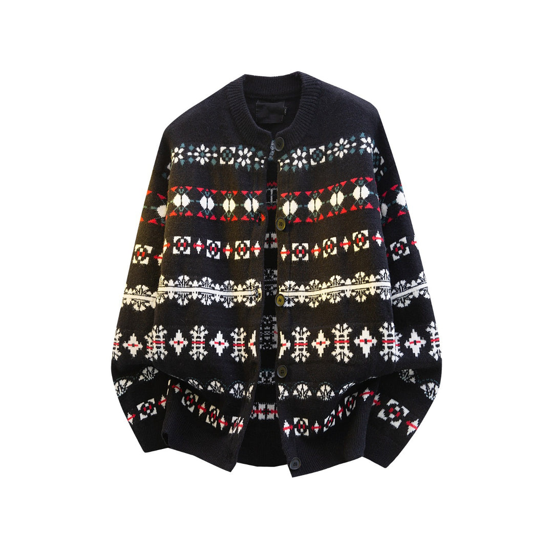 Women's Norwegian Pattern Knit Cardigan with Button Placket and Oversized Cut Mune Fashion