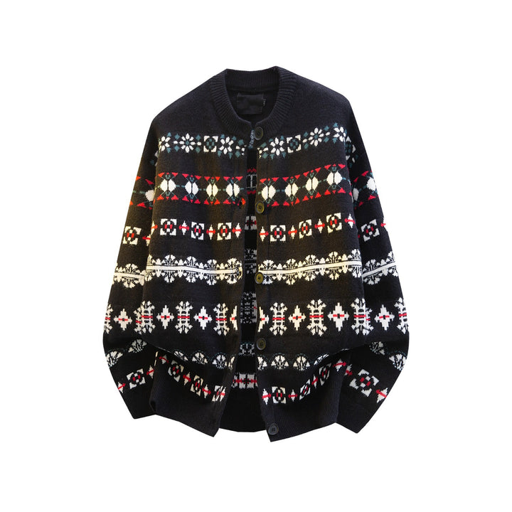 Women's Norwegian Pattern Knit Cardigan with Button Placket and Oversized Cut Mune Fashion