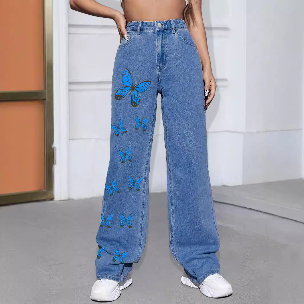 Women Wide Jeans Pants with Butterfly Print Mune Fashion
