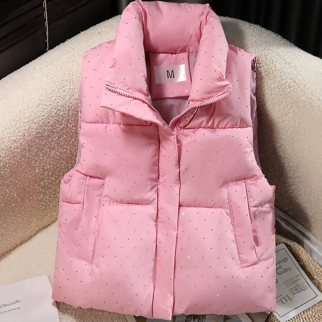 Women's Padded Quilted Vest with High Collar and Discreet Rhinestone Applications Mune Fashion