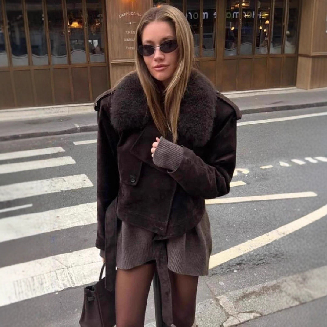 Women's Cropped Motorcycle Jacket in Suede Look with Voluminous Teddy Collar Mune Fashion
