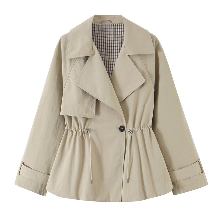 Women Short Fitted Trench Coat with Drawstring and Wide Lapels Mune Fashion