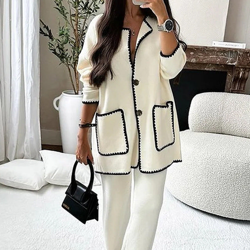 Women's longline knit set with contrast-trimmed cardigan and wide palazzo pants Mune Fashion