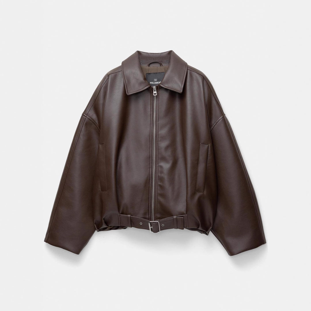 Women's stylish faux leather jacket with eye-catching collar and waist belt