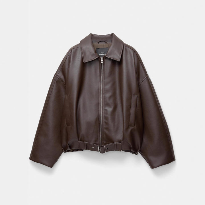 Women's stylish faux leather jacket with eye-catching collar and waist belt