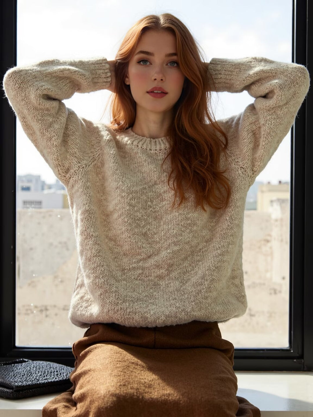 Women Oversize Mohair Look Pullover with Round Neck and Raglan Sleeves Mune Fashion