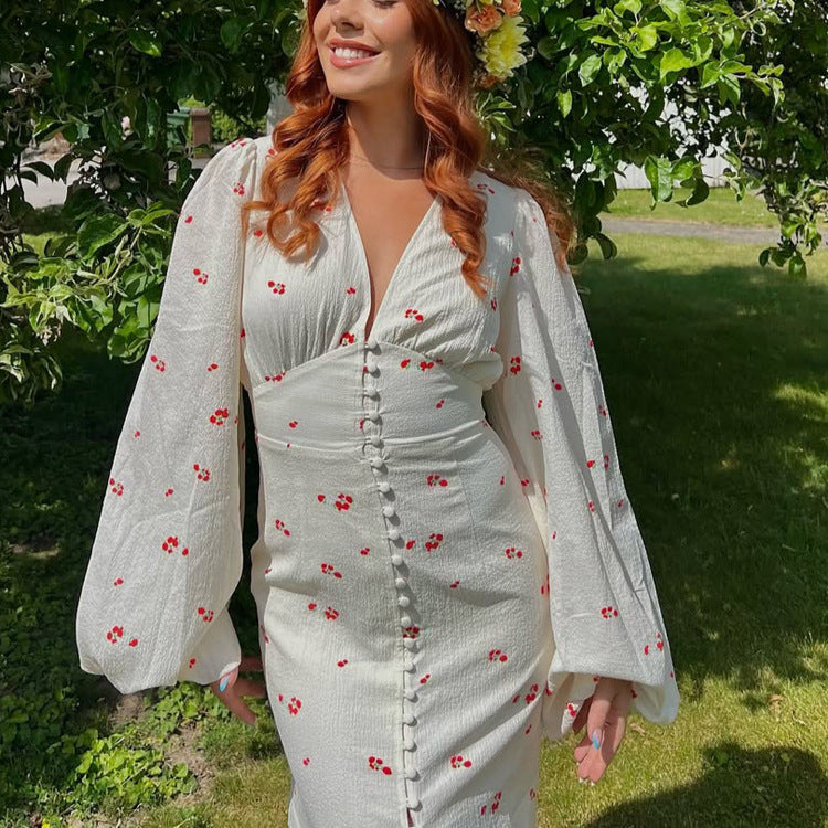 Ladies midi dress with puff sleeves, V-neckline and decorative button placket Mune Fashion
