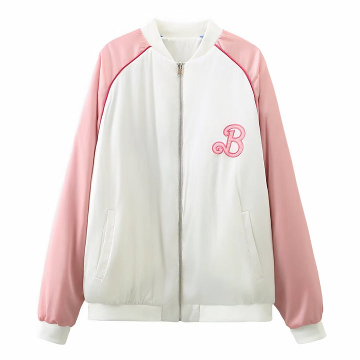 Ladies College Bomber Jacket with Contrast Sleeves and Embroidered Monogram Mune Fashion