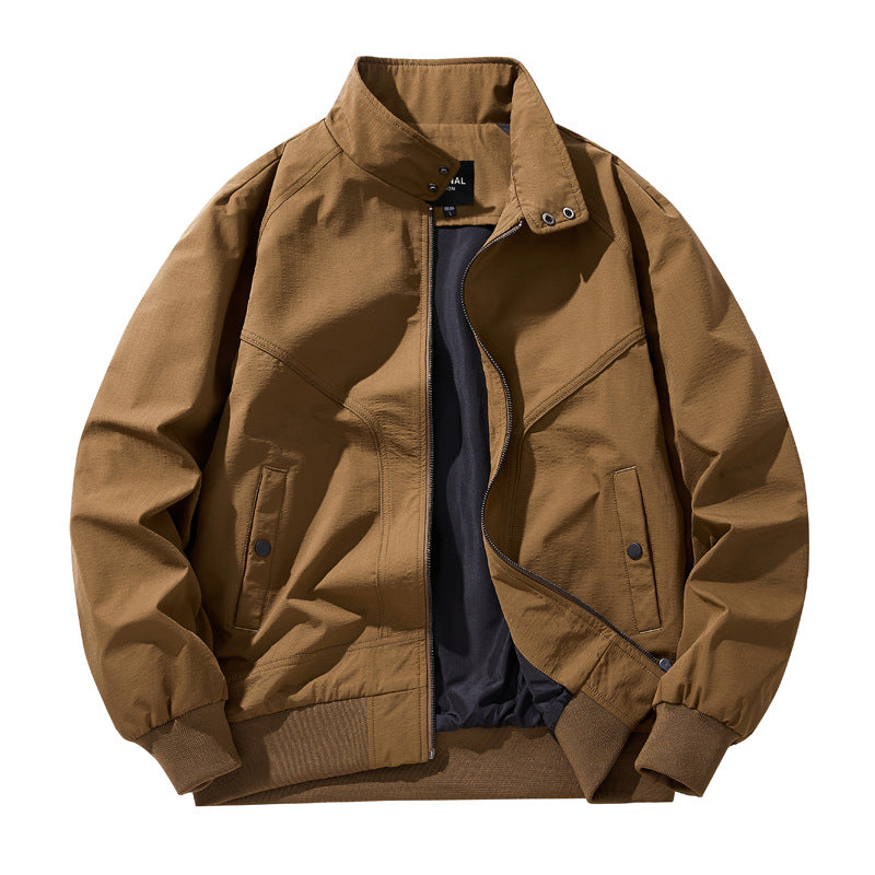Men lightweight stand-up collar cotton blend bomber jacket with snap button neckline and diagonal seam details Mune Fashion