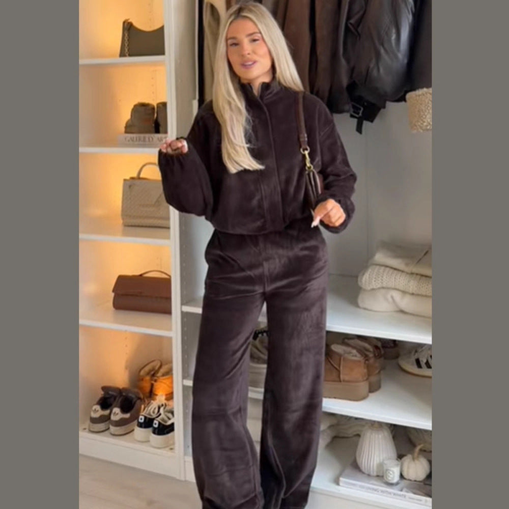 Women's Velvet Relax Set with Zipper Jacket, Stand-up Collar & High-Waist Wide-Leg Pants Mune Fashion