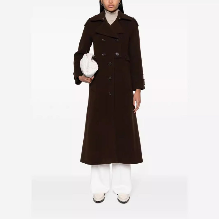 Women Floor-Length Double-Breasted Trench Coat made of Wool Blend with Shoulder Patches and Concealed Waist Belt Mune Fashion