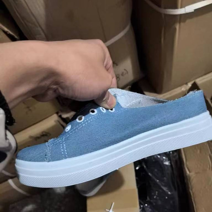 Ladies Backless Denim Slip-On Sneaker with Lacing Detail and Padded Insole Mune Fashion