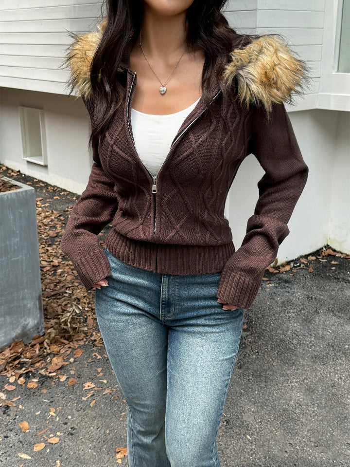 Ladies fitted cable pattern cardigan with full zip and detachable faux fur hood Mune Fashion