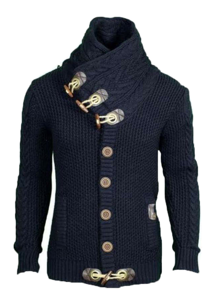 Men's chunky knit cardigan with shawl collar, toggle closures, and cable knit sleeves Mune Fashion