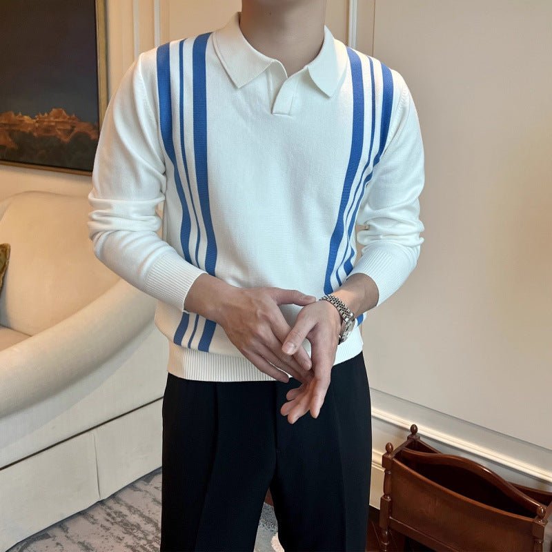 Men's Polo Collar Knit Sweater with Distinctive Stripes and Slim Fit Mune Fashion