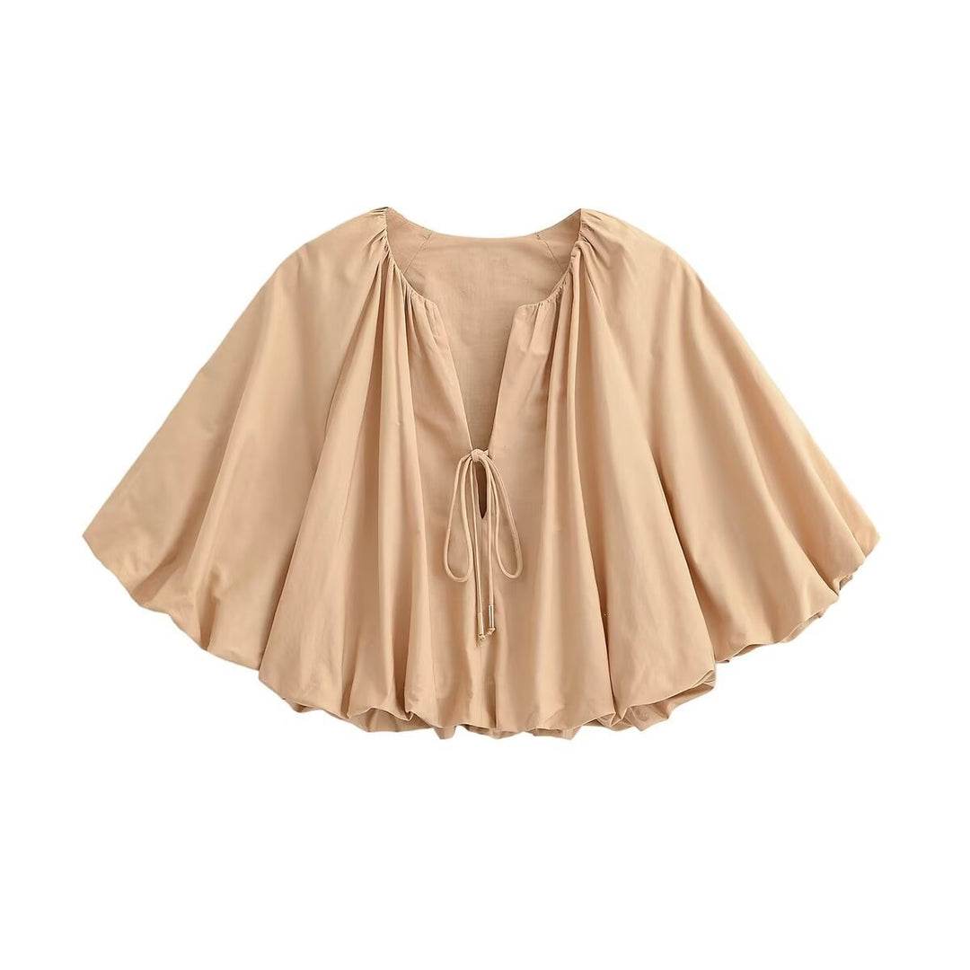 Women Oversized Cape Blouse with Drawstring, Gathered Hem and Voluminous Batwing Sleeves Mune Fashion