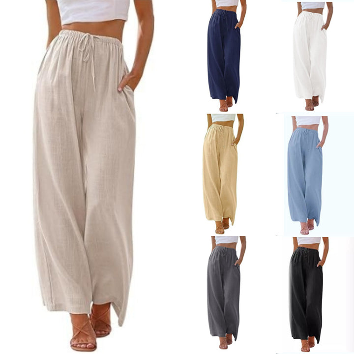 Women's wide linen pants with elastic waistband, drawstring, and side pockets Mune Fashion