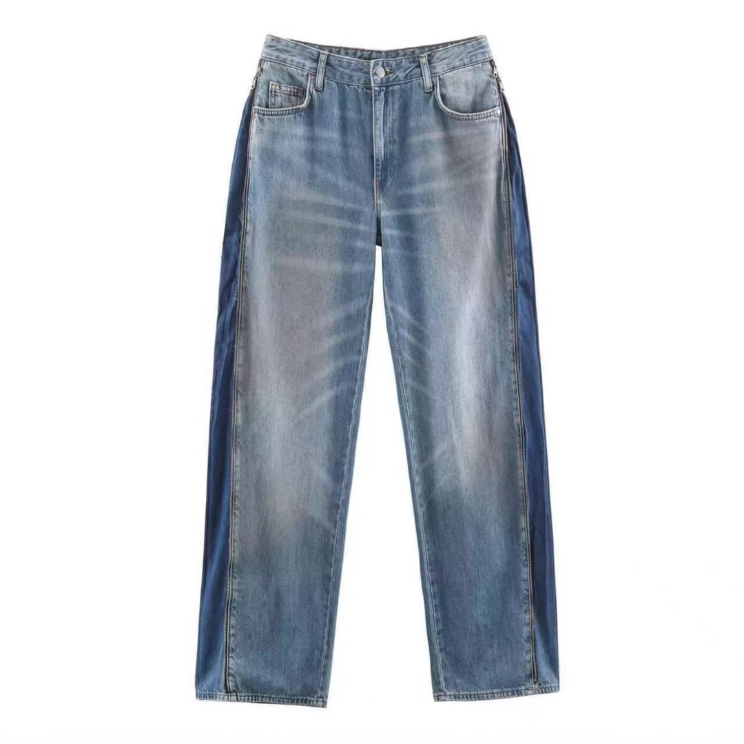 Ladies Wide High-Waist Jeans with Straight Leg and Vintage Wash Mune Fashion