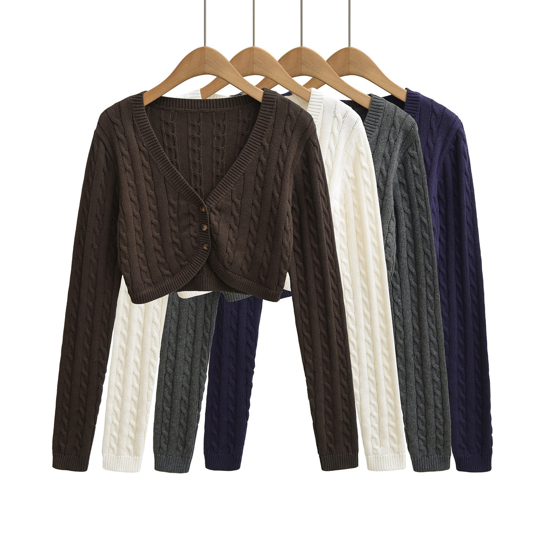 Women Short-Cut Cable Knit Cardigan with V-Neck and Button Placket Mune Fashion