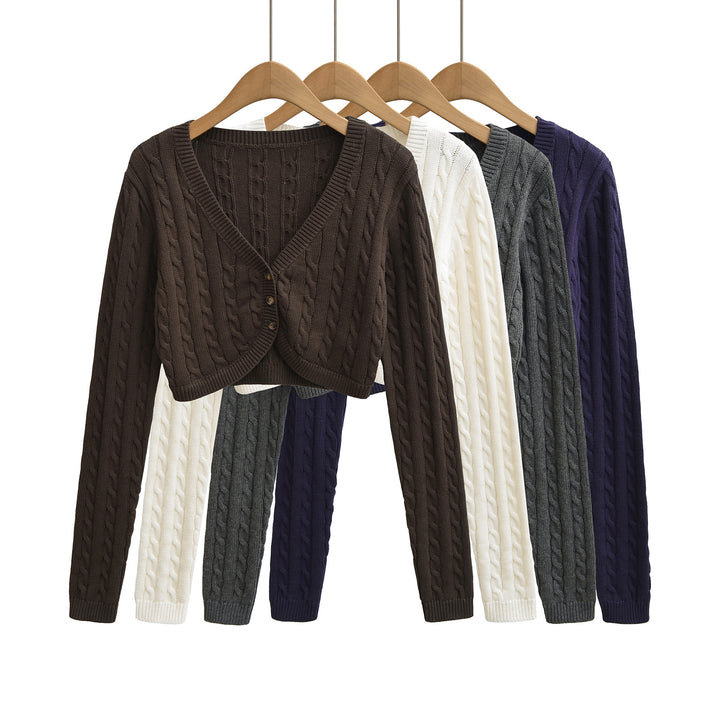 Women Short-Cut Cable Knit Cardigan with V-Neck and Button Placket Mune Fashion