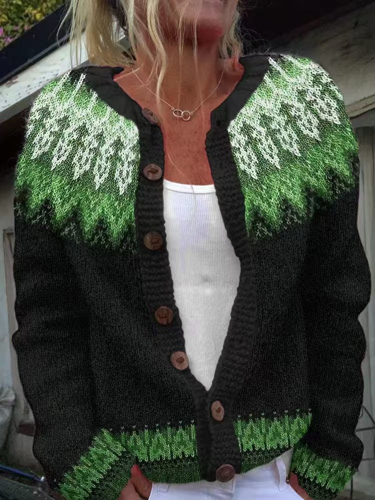 Women's patterned cardigan with round yoke, wooden buttons, and welt pockets Mune Fashion