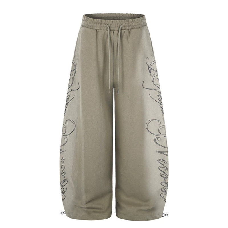 Women's Extra Wide Palazzo Sweatpants with Drawstring Waistband, Adjustable Hem, and Side Script Print Mune Fashion