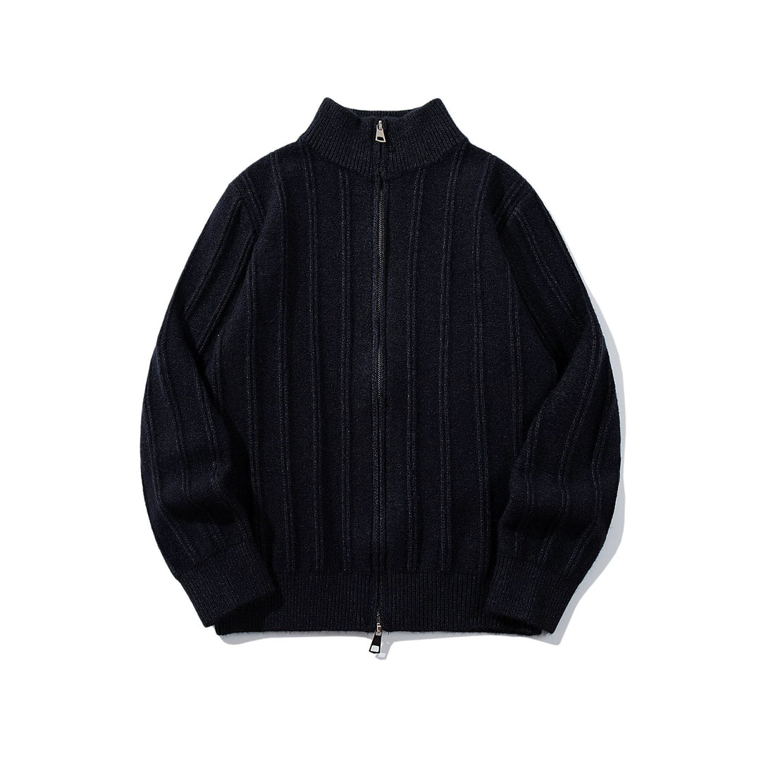 Unisex Gathered Knit Zip Jacket with High Stand-up Collar and Vertical Structure Mune Fashion