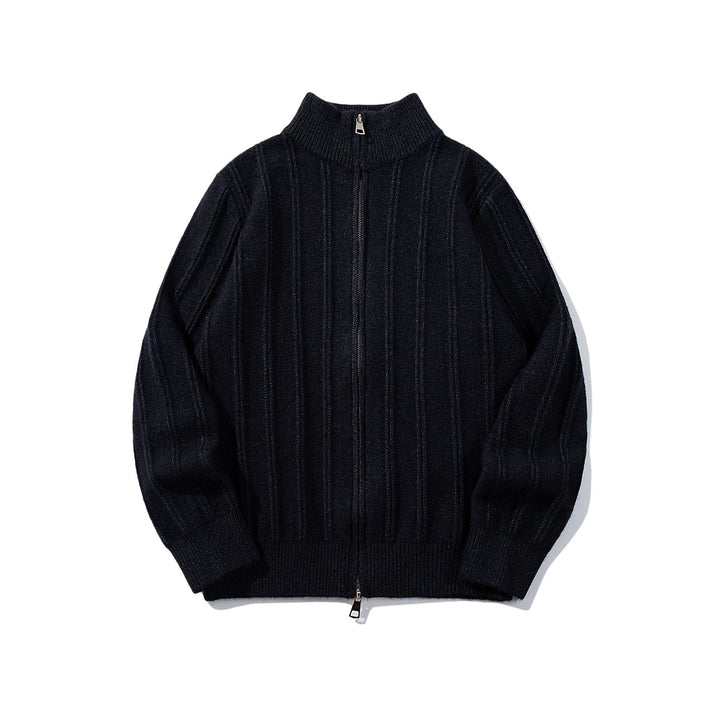Unisex Gathered Knit Zip Jacket with High Stand-up Collar and Vertical Structure Mune Fashion