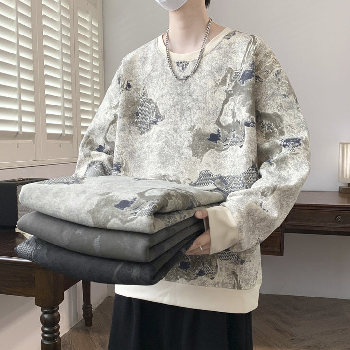 Men's Oversize Sweatshirt with Abstract Marble Print and Heavy Cotton Blend Mune Fashion