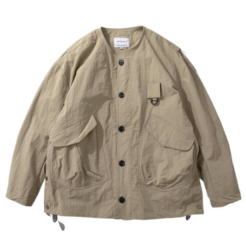 Men's Collarless Utility Field Jacket with Patch Pockets and Drawstring Mune Fashion