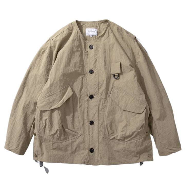 Men's Collarless Utility Field Jacket with Patch Pockets and Drawstring Mune Fashion