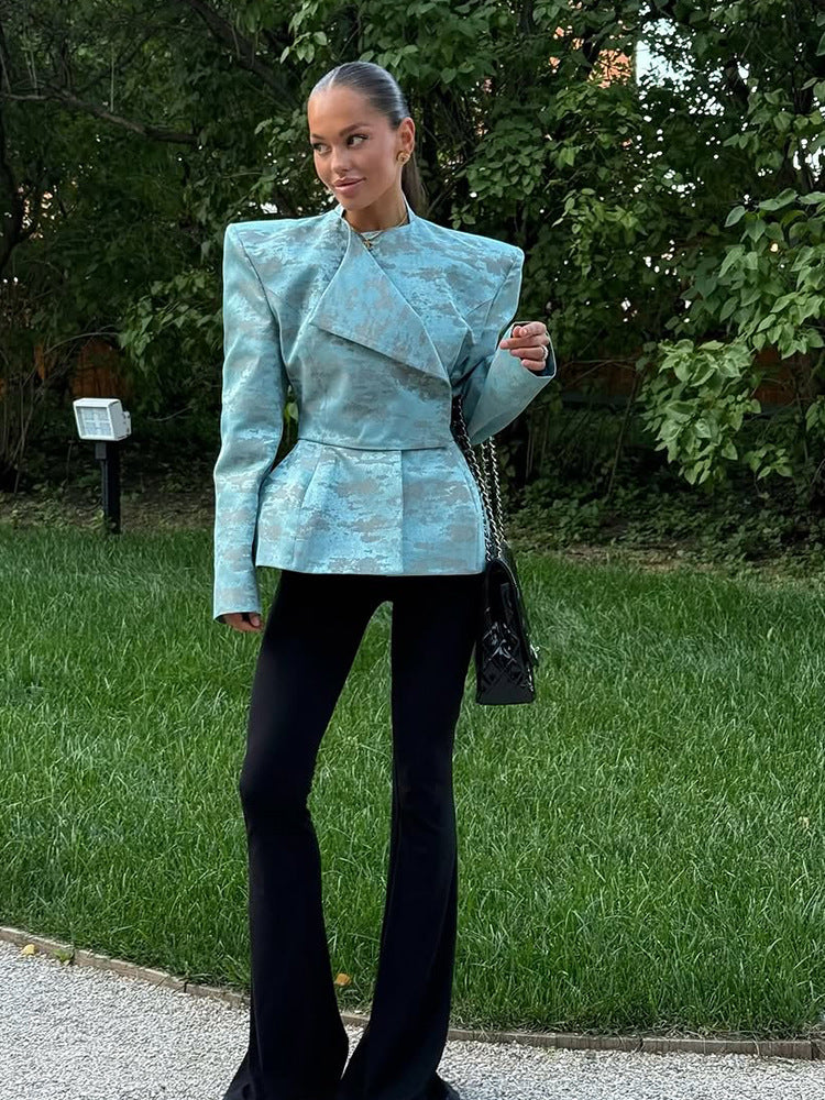 Ladies Tailored Jacquard Blazer with Defined Shoulders, Peplum and Asymmetrical Lapel Mune Fashion