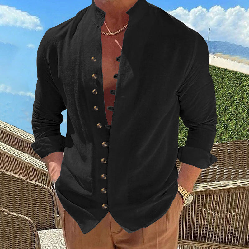 Men's long-sleeved stand-collar shirt made from a lightweight linen-viscose blend with asymmetric decorative button placket Mune Fashion