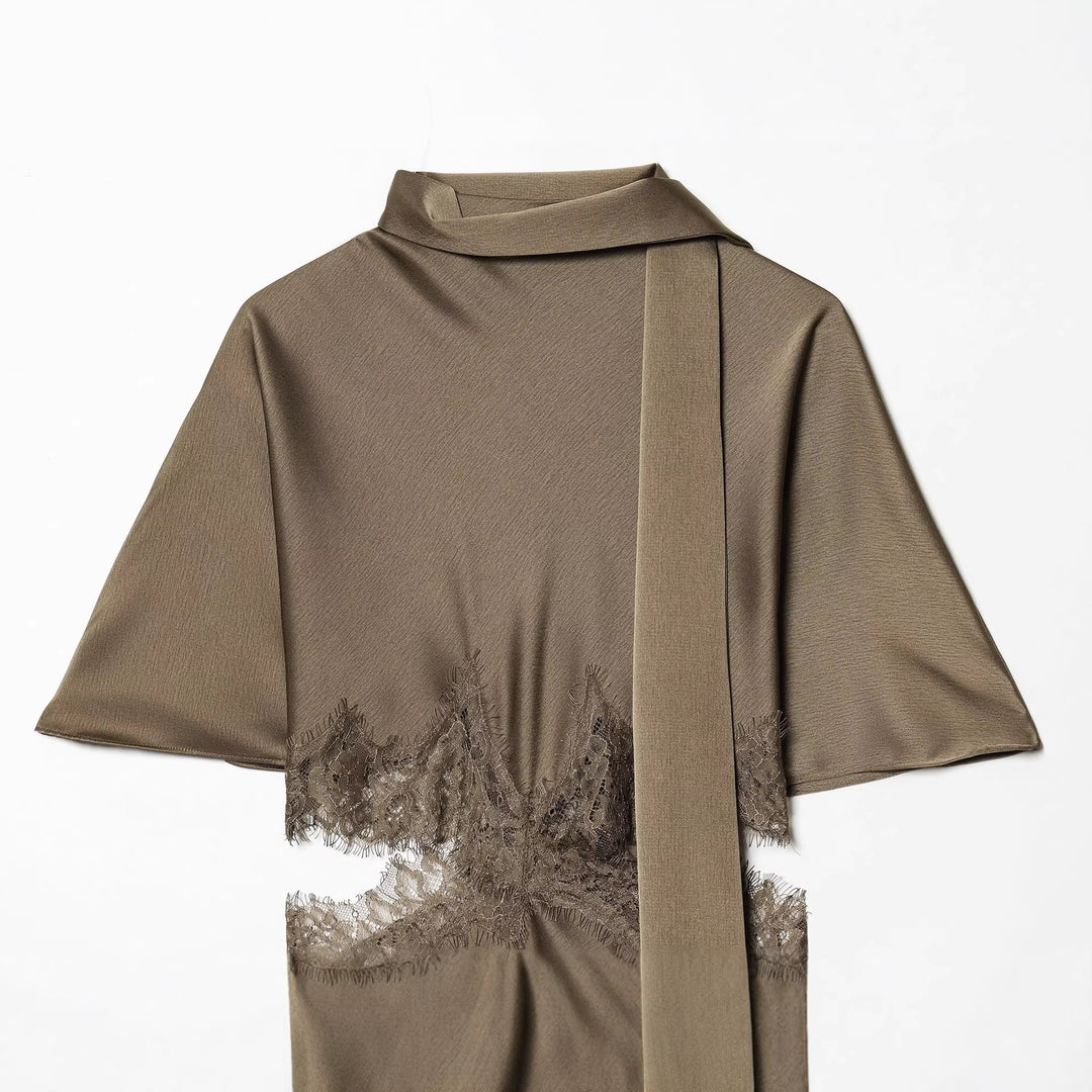 Women nan asymmetrical cape midi dress with stand-up collar, scarf and delicate lace hem Mune Fashion