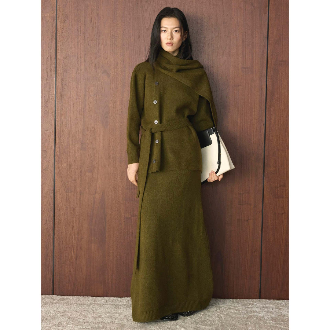 Women's Buttoned Knit Coat with Ties and Maxi Skirt Mune Fashion