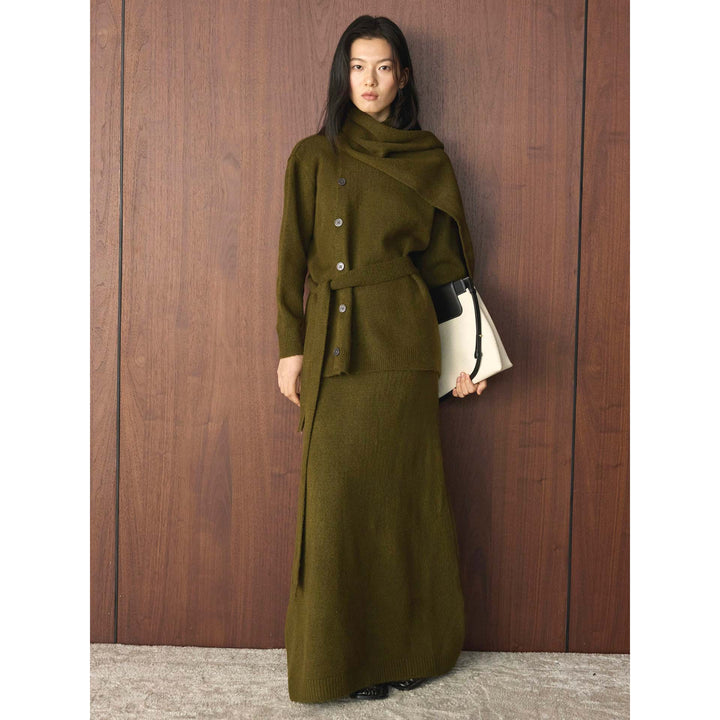 Women's Buttoned Knit Coat with Ties and Maxi Skirt Mune Fashion