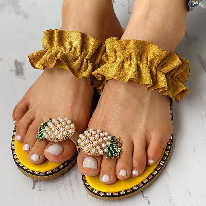 Women’s ruffle slippers with pearl pineapple appliqué and decorative trim Mune Fashion
