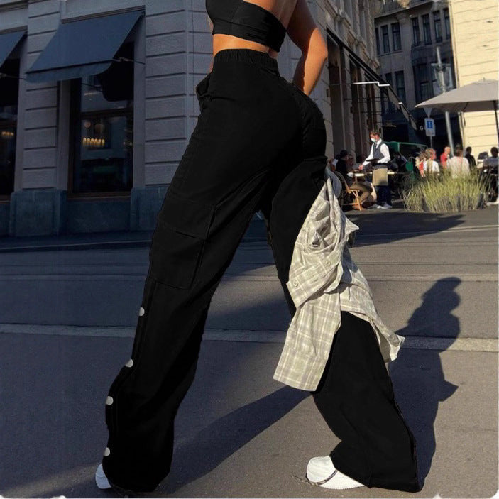 Women's High-Waist Cargo Pants with Wide Leg, Drawstring and Side Snap Details Mune Fashion