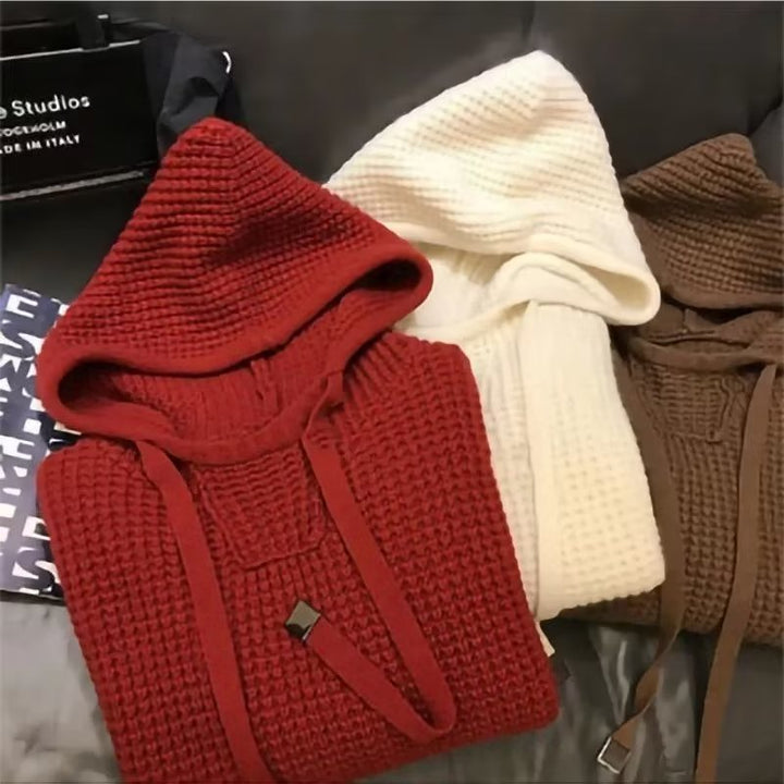 Women's Chunky Knit Oversized Hoodie with Waffle Texture and Drawstring Mune Fashion