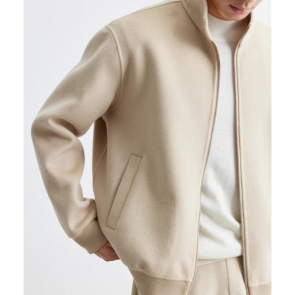 Men's Casual Wool Blend Zip Jacket with Stand Collar and Ribbed Cuffs Mune Fashion